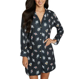 ModCloth Robot Breakfast For Dinner Long Sleeve Sleep Shirt Navy Women Sz S NWT